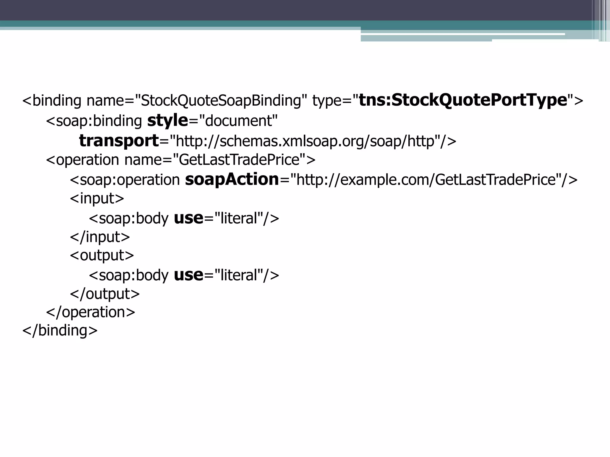 <binding name="StockQuoteSoapBinding" type="tns:StockQuotePortType">
<soap:binding style="document"
transport="http://schemas.xmlsoap.org/soap/http"/>
<operation name="GetLastTradePrice">
<soap:operation soapAction="http://example.com/GetLastTradePrice"/>
<input>
<soap:body use="literal"/>
</input>
<output>
<soap:body use="literal"/>
</output>
</operation>
</binding>
 