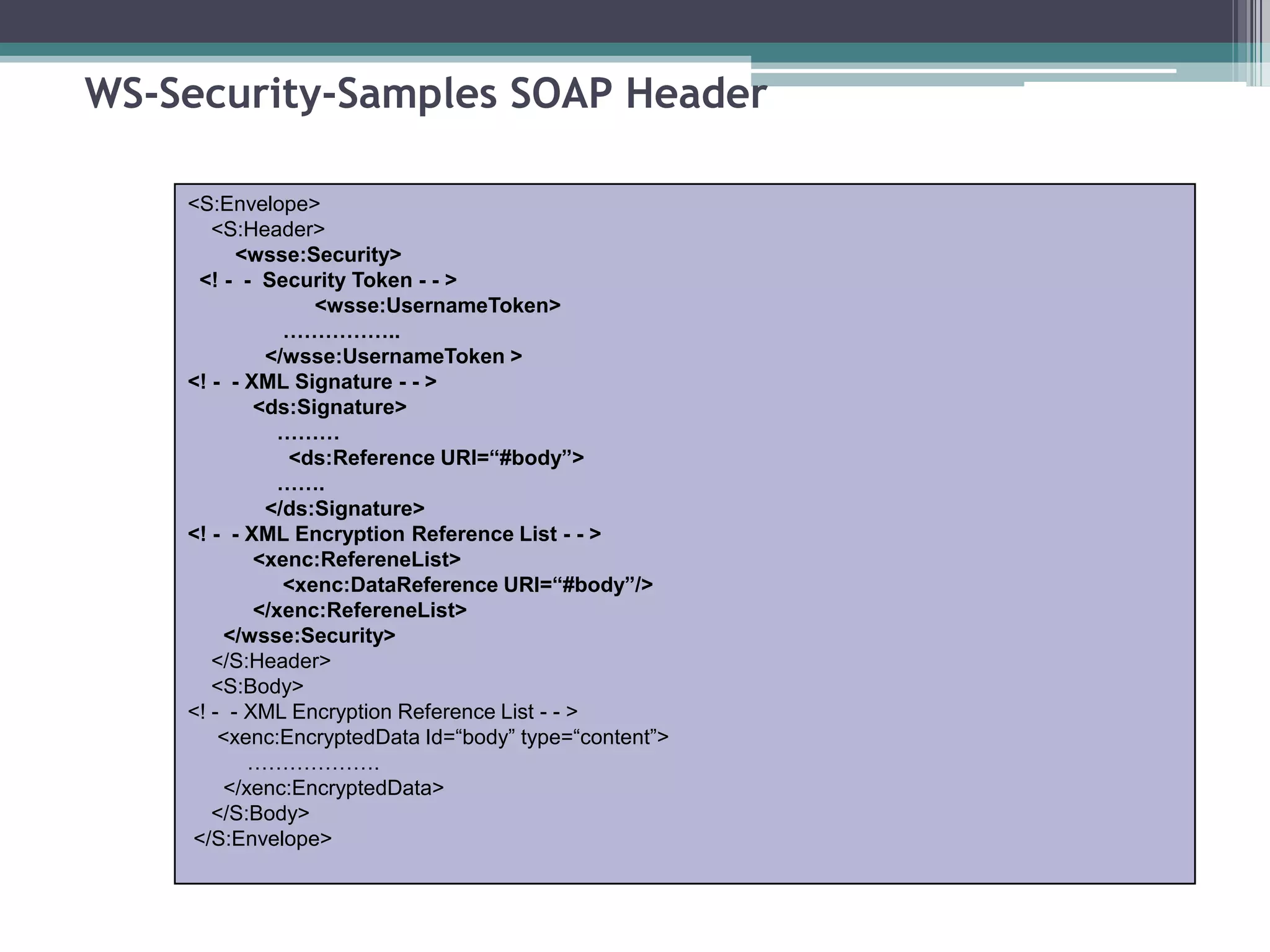 WS-Security-Samples SOAP Header
<S:Envelope>
<S:Header>
<wsse:Security>
<! - - Security Token - - >
<wsse:UsernameToken>
……………..
</wsse:UsernameToken >
<! - - XML Signature - - >
<ds:Signature>
………
<ds:Reference URI=“#body”>
…….
</ds:Signature>
<! - - XML Encryption Reference List - - >
<xenc:RefereneList>
<xenc:DataReference URI=“#body”/>
</xenc:RefereneList>
</wsse:Security>
</S:Header>
<S:Body>
<! - - XML Encryption Reference List - - >
<xenc:EncryptedData Id=“body” type=“content”>
……………….
</xenc:EncryptedData>
</S:Body>
</S:Envelope>
 