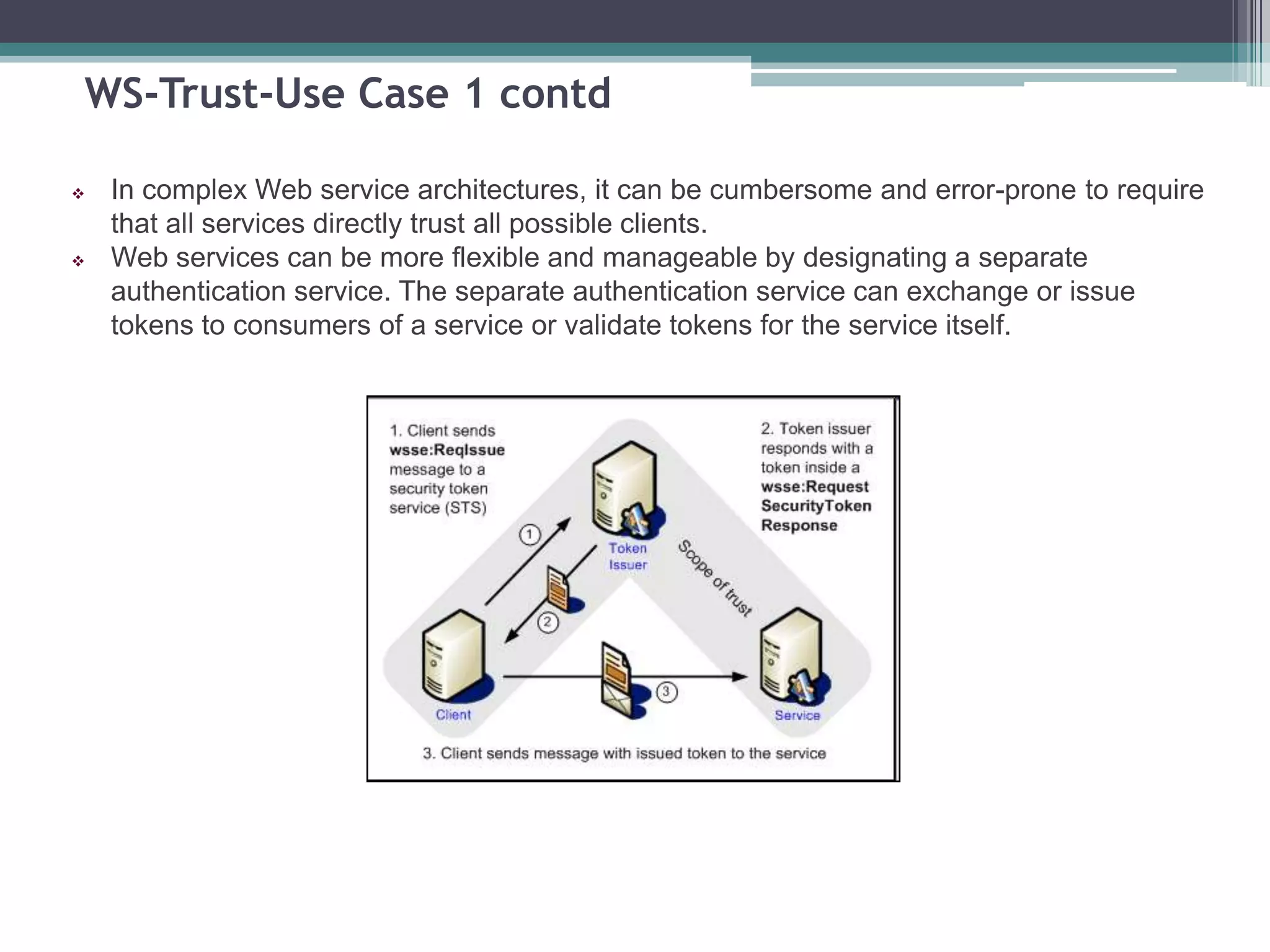 WS-Trust-Use Case 1 contd
 In complex Web service architectures, it can be cumbersome and error-prone to require
that all services directly trust all possible clients.
 Web services can be more flexible and manageable by designating a separate
authentication service. The separate authentication service can exchange or issue
tokens to consumers of a service or validate tokens for the service itself.
 