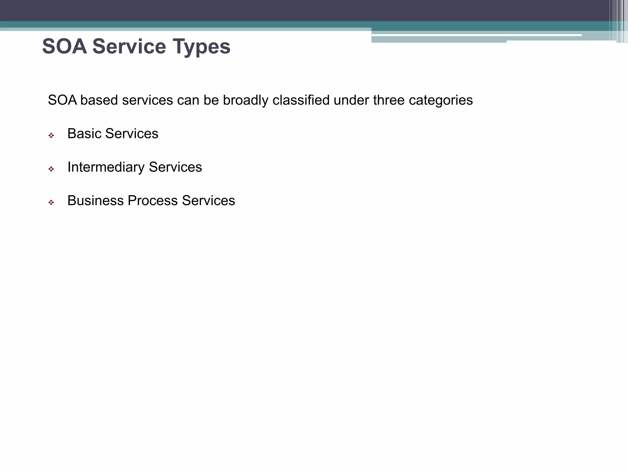 SOA Service Types
SOA based services can be broadly classified under three categories
 Basic Services
 Intermediary Services
 Business Process Services
 