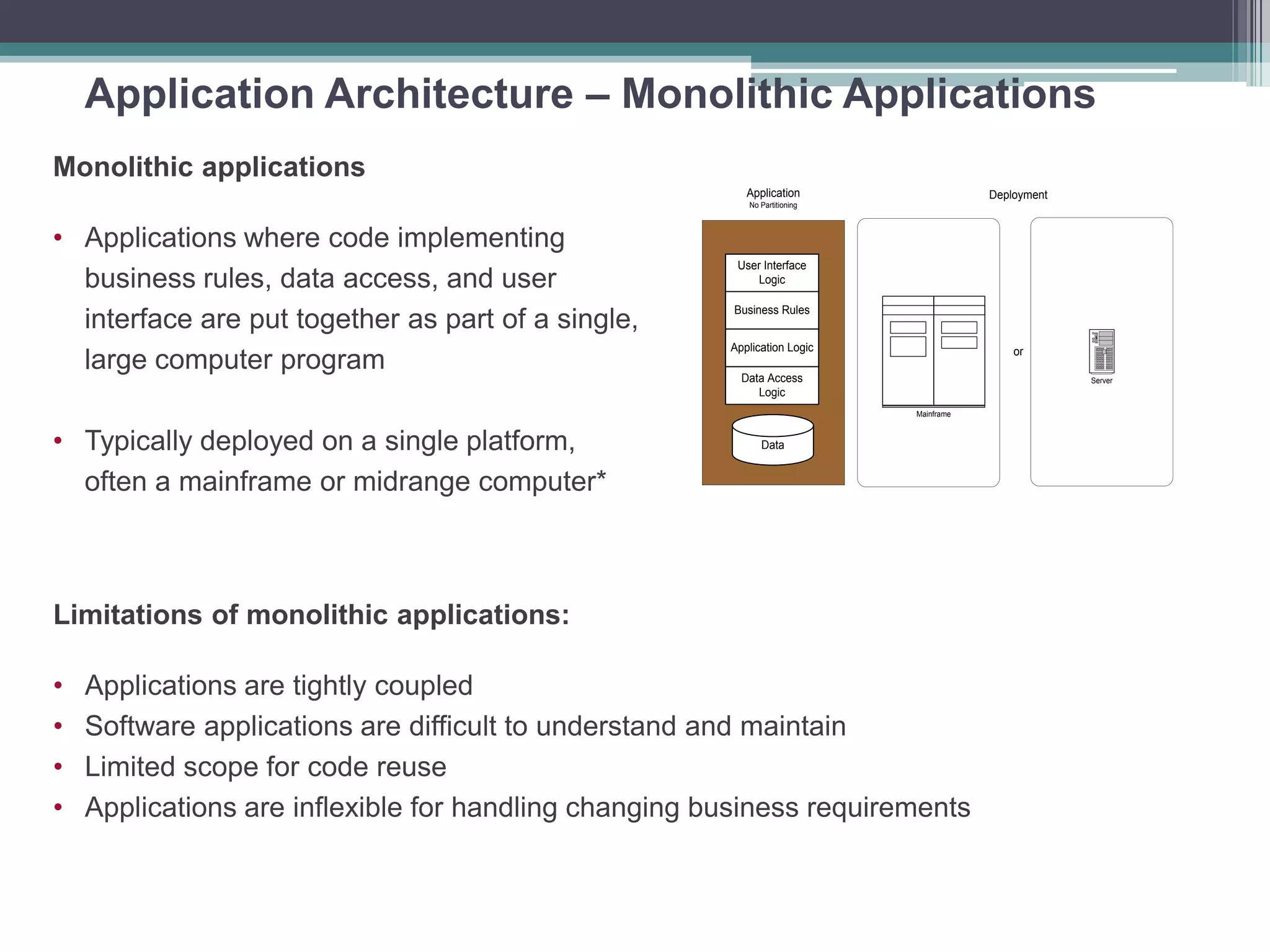 Application Architecture – Monolithic Applications
User Interface
Logic
Business Rules
Application Logic
Data Access
Logic
Data
Application
No Partitioning
Mainframe
Server
or
Deployment
Monolithic applications
• Applications where code implementing
business rules, data access, and user
interface are put together as part of a single,
large computer program
• Typically deployed on a single platform,
often a mainframe or midrange computer*
Limitations of monolithic applications:
• Applications are tightly coupled
• Software applications are difficult to understand and maintain
• Limited scope for code reuse
• Applications are inflexible for handling changing business requirements
 
