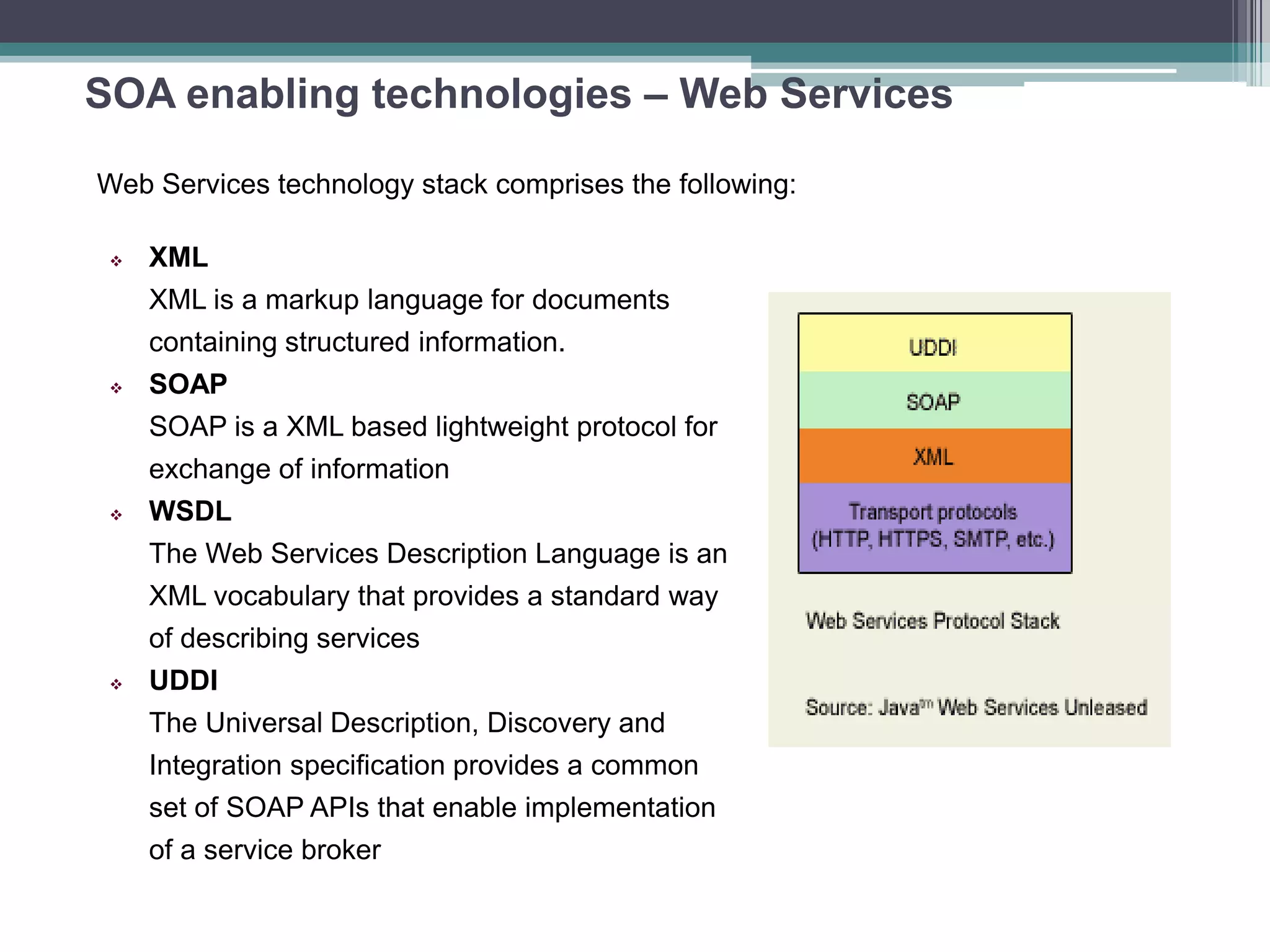SOA enabling technologies – Web Services
 XML
XML is a markup language for documents
containing structured information.
 SOAP
SOAP is a XML based lightweight protocol for
exchange of information
 WSDL
The Web Services Description Language is an
XML vocabulary that provides a standard way
of describing services
 UDDI
The Universal Description, Discovery and
Integration specification provides a common
set of SOAP APIs that enable implementation
of a service broker
Web Services technology stack comprises the following:
 
