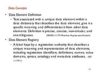 24
Data Concepts
• Data Element Definition
– Text associated with a unique data element within a
data dictionary that describes the data element, give it a
specific meaning and differentiates it from other data
elements. Definition is precise, concise, non-circular, and
unambiguous. (ISO/IEC11179 Metadata Registry specification)
• Data Element Registry
– A label kept by a registration authority that describes a
unique meaning and representation of data elements,
including registration identifiers, definitions, names, value
domains, syntax, ontology and metadata attributes. (ISO
11179-1).
 