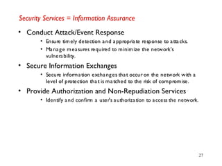 27
Security Services = Information Assurance
• Conduct Attack/Event Response
• Ensure timely detection and appropriate response to attacks.
• Manage measures required to minimize the network’s
vulnerability.
• Secure Information Exchanges
• Secure information exchanges that occur on the network with a
level of protection that is matched to the risk of compromise.
• Provide Authorization and Non-Repudiation Services
• Identify and confirm a user's authorization to access the network.
 