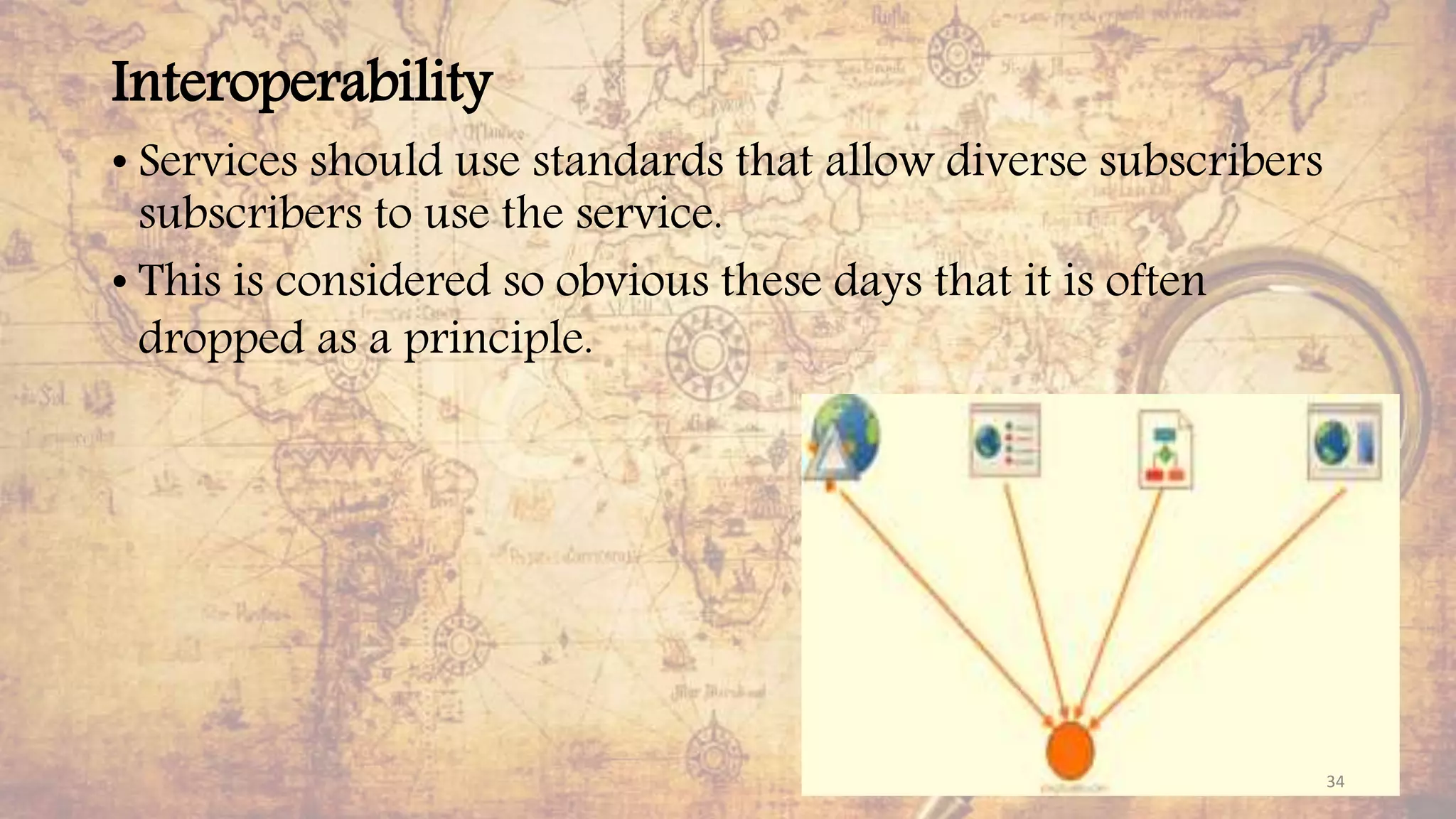 Interoperability
• Services should use standards that allow diverse subscribers
subscribers to use the service.
• This is considered so obvious these days that it is often
dropped as a principle.
34
 