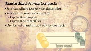 Standardized Service Contracts
• Services adhere to a service-description.
• Services use service contract to
• Express their purpose
• Express their capabilities
• Use formal, standardized service contracts
26
 