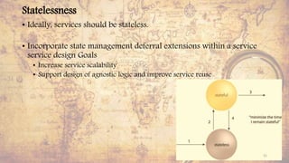 Statelessness
• Ideally, services should be stateless.
• Incorporate state management deferral extensions within a service
service design Goals
• Increase service scalability
• Support design of agnostic logic and improve service reuse
31
 