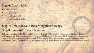 Step 6: Assess Risks
Key risk of SOA,
 Security
 Interoperability
 Approaches to failure
Step 7: Create an SOA Risk Mitigation Strategy
Step 8: Process-Driven Integration
Patterns for Aligning Business and IT supplies detailed guidance on how to design and build software
architectures that follow the principles of business-IT alignment. It illustrates the design process using proven
patterns that address complex business/technical scenarios, where integrated concepts of service-oriented
architecture (SOA), Business Process Management (BPM), and Event-Driven Architecture (EDA) are required.
56
 