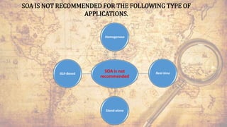 SOA is not
recommended
Homogenous
Real-time
Stand-alone
GUI-Based
SOA IS NOT RECOMMENDED FOR THE FOLLOWING TYPE OF
APPLICATIONS.
68
 