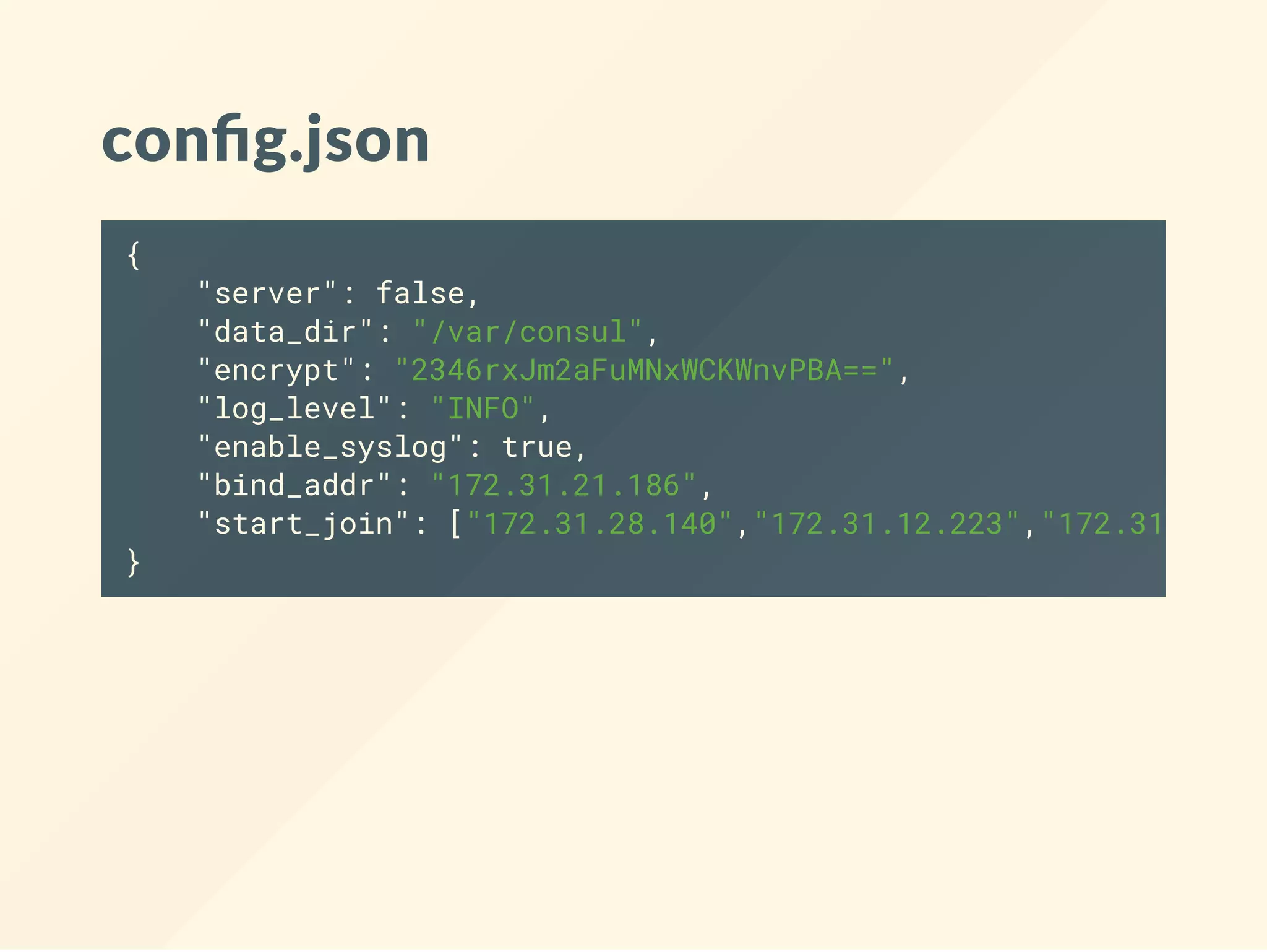 con g.json
{
"server": false,
"data_dir": "/var/consul",
"encrypt": "2346rxJm2aFuMNxWCKWnvPBA==",
"log_level": "INFO",
"enable_syslog": true,
"bind_addr": "172.31.21.186",
"start_join": ["172.31.28.140","172.31.12.223","172.31.0.195
}
 