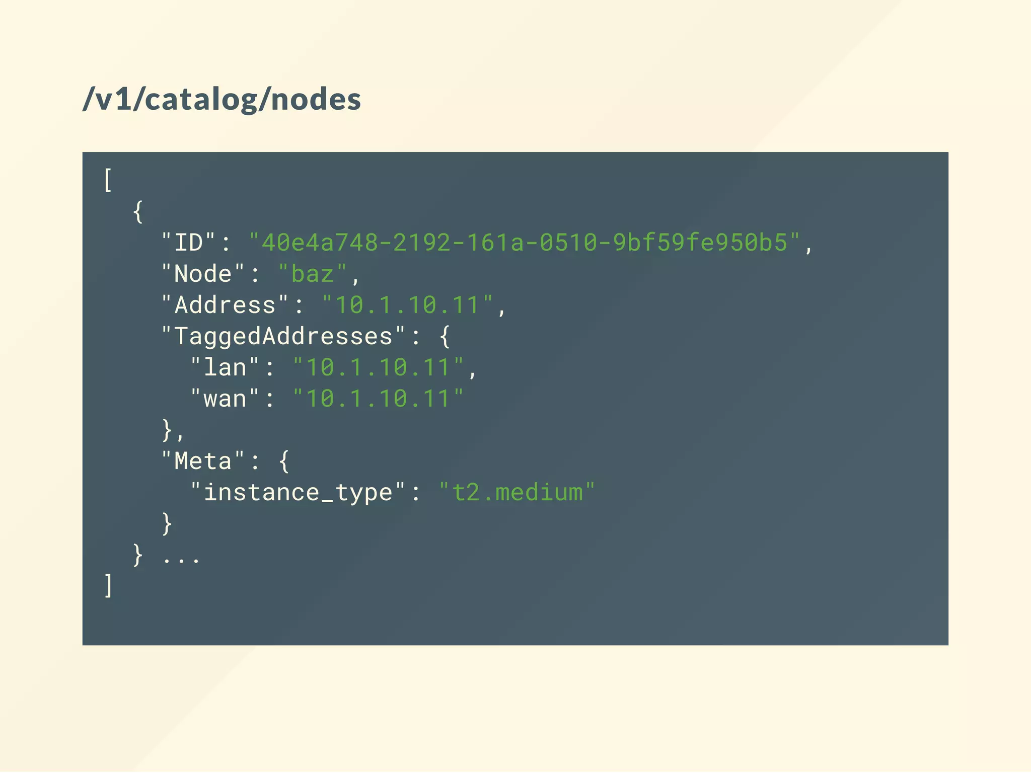 /v1/catalog/nodes
[
{
"ID": "40e4a748-2192-161a-0510-9bf59fe950b5",
"Node": "baz",
"Address": "10.1.10.11",
"TaggedAddresses": {
"lan": "10.1.10.11",
"wan": "10.1.10.11"
},
"Meta": {
"instance_type": "t2.medium"
}
} ...
]
 