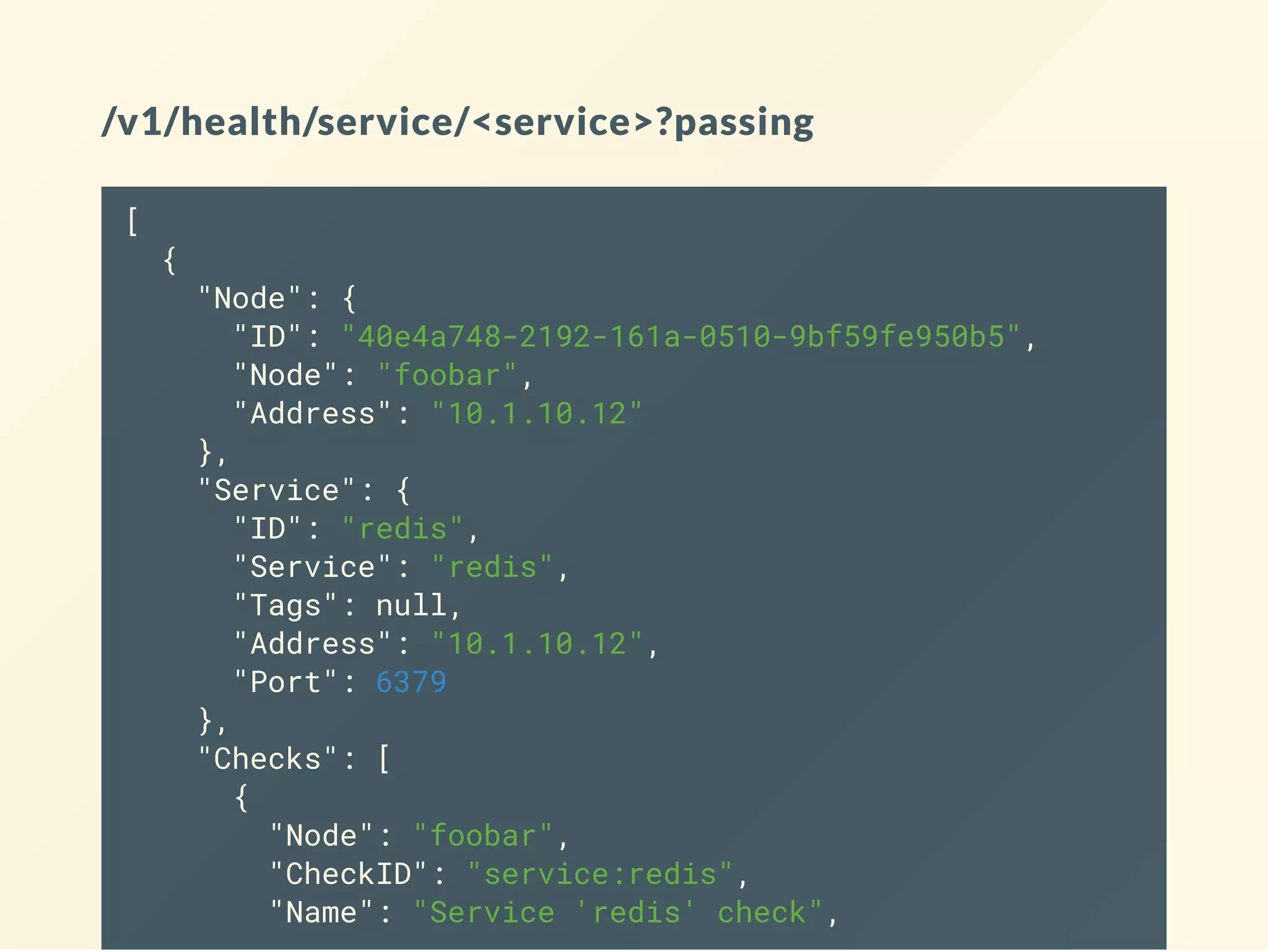 /v1/health/service/<service>?passing
[
{
"Node": {
"ID": "40e4a748-2192-161a-0510-9bf59fe950b5",
"Node": "foobar",
"Address": "10.1.10.12"
},
"Service": {
"ID": "redis",
"Service": "redis",
"Tags": null,
"Address": "10.1.10.12",
"Port": 6379
},
"Checks": [
{
"Node": "foobar",
"CheckID": "service:redis",
"Name": "Service 'redis' check",
 
