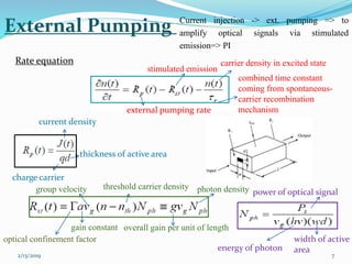 2/13/2019 7
External Pumping
external pumping rate
combined time constant
coming from spontaneous-
carrier recombination
mechanism
current density
charge carrier
stimulated emission
thickness of active area
optical confinement factor
gain constant
group velocity photon density
overall gain per unit of length
threshold carrier density
energy of photon
power of optical signal
width of active
area
carrier density in excited stateRate equation
Current injection -> ext. pumping => to
amplify optical signals via stimulated
emission=> PI
 