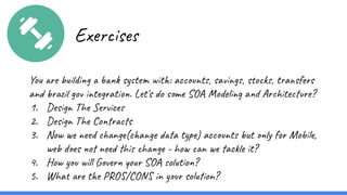Exercises
You are building a bank system with: accounts, savings, stocks, transfers
and brazil gov integration. Let's do some SOA Modeling and Architecture?
1. Design The Services
2. Design The Contracts
3. Now we need change(change data type) accounts but only for Mobile,
web does not need this change - how can we tackle it?
4. How you will Govern your SOA solution?
5. What are the PROS/CONS in your solution?
 