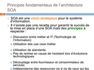 Principes fondamentaux de l’architecture
SOA
 SOA est une vision stratégique pour le système
d’information.
 Il n’existe pas une recette pour garantir le succès de
la mise en place d’une SOA mais des principes à
respecter :
 Discussion entre métier et IT (Technologie de
l’Information)
 Utilisation des use case métier
 Utilisation de standards
 Pas de remise en cause de l’existant lors d’évolutions
technologiques
 Découplage entre fournisseur et consommateur de
services
 Indépendance des ressources vis à vis de ceux qui les
14
 
