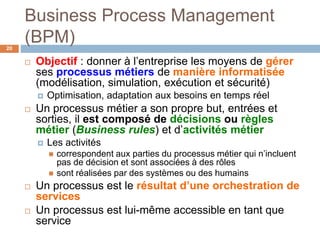 Business Process Management
(BPM)
 Objectif : donner à l’entreprise les moyens de gérer
ses processus métiers de manière informatisée
(modélisation, simulation, exécution et sécurité)
 Optimisation, adaptation aux besoins en temps réel
 Un processus métier a son propre but, entrées et
sorties, il est composé de décisions ou règles
métier (Business rules) et d’activités métier
 Les activités
 correspondent aux parties du processus métier qui n’incluent
pas de décision et sont associées à des rôles
 sont réalisées par des systèmes ou des humains
 Un processus est le résultat d’une orchestration de
services
 Un processus est lui-même accessible en tant que
service
20
 