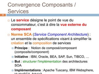Convergence Composants /
Services
 Le service désigne le point de vue du
consommateur, c’est à dire la vue externe du
composant
 Norme SCA (Service Component Architecture) :
un ensemble de spécifications visant à simplifier la
création et la composition de services
 Principe : Notion de composé/composant
(composite/component)
 Initiative : IBM, Oracle, BEA, SAP, Sun, TIBCO, …
 But : structurer l'implémentation des architectures
SOA
 Implémentations : Apache Tuscany, IBM Websphere,
28
 