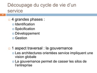 Découpage du cycle de vie d’un
service
 4 grandes phases :
 Identification
 Spécification
 Développement
 Gestion
 1 aspect traversal : la gouvernance
 Les architectures orientées service impliquent une
vision globale
 La gouvernance permet de casser les silos de
l’entreprise
47
 