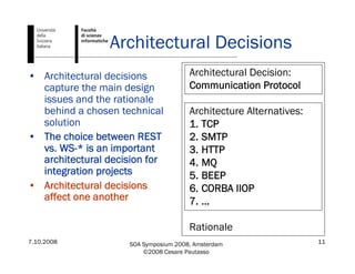7.10.2008 SOA Symposium 2008, Amsterdam
©2008 Cesare Pautasso
11
Architectural Decisions
• Architectural decisions
capture the main design
issues and the rationale
behind a chosen technical
solution
• The choice between REST
vs. WS-* is an important
architectural decision for
integration projects
• Architectural decisions
affect one another
Architectural Decision:
Communication Protocol
Architecture Alternatives:
1. TCP
2. SMTP
3. HTTP
4. MQ
5. BEEP
6. CORBA IIOP
7. …
Rationale
 