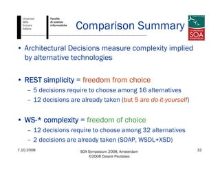 7.10.2008 SOA Symposium 2008, Amsterdam
©2008 Cesare Pautasso
32
Comparison Summary
• Architectural Decisions measure complexity implied
by alternative technologies
• REST simplicity = freedom from choice
– 5 decisions require to choose among 16 alternatives
– 12 decisions are already taken (but 5 are do-it-yourself)
• WS-* complexity = freedom of choice
– 12 decisions require to choose among 32 alternatives
– 2 decisions are already taken (SOAP, WSDL+XSD)
 