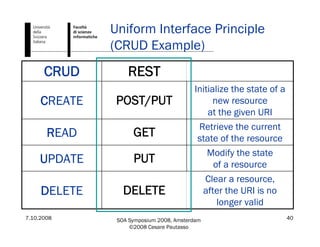7.10.2008 SOA Symposium 2008, Amsterdam
©2008 Cesare Pautasso
40
Uniform Interface Principle
(CRUD Example)
DELETE
UPDATE
READ
CREATE
CRUD
Clear a resource,
after the URI is no
longer valid
Modify the state
of a resource
Retrieve the current
state of the resource
Initialize the state of a
new resource
at the given URI
DELETE
PUT
GET
POST/PUT
REST
 