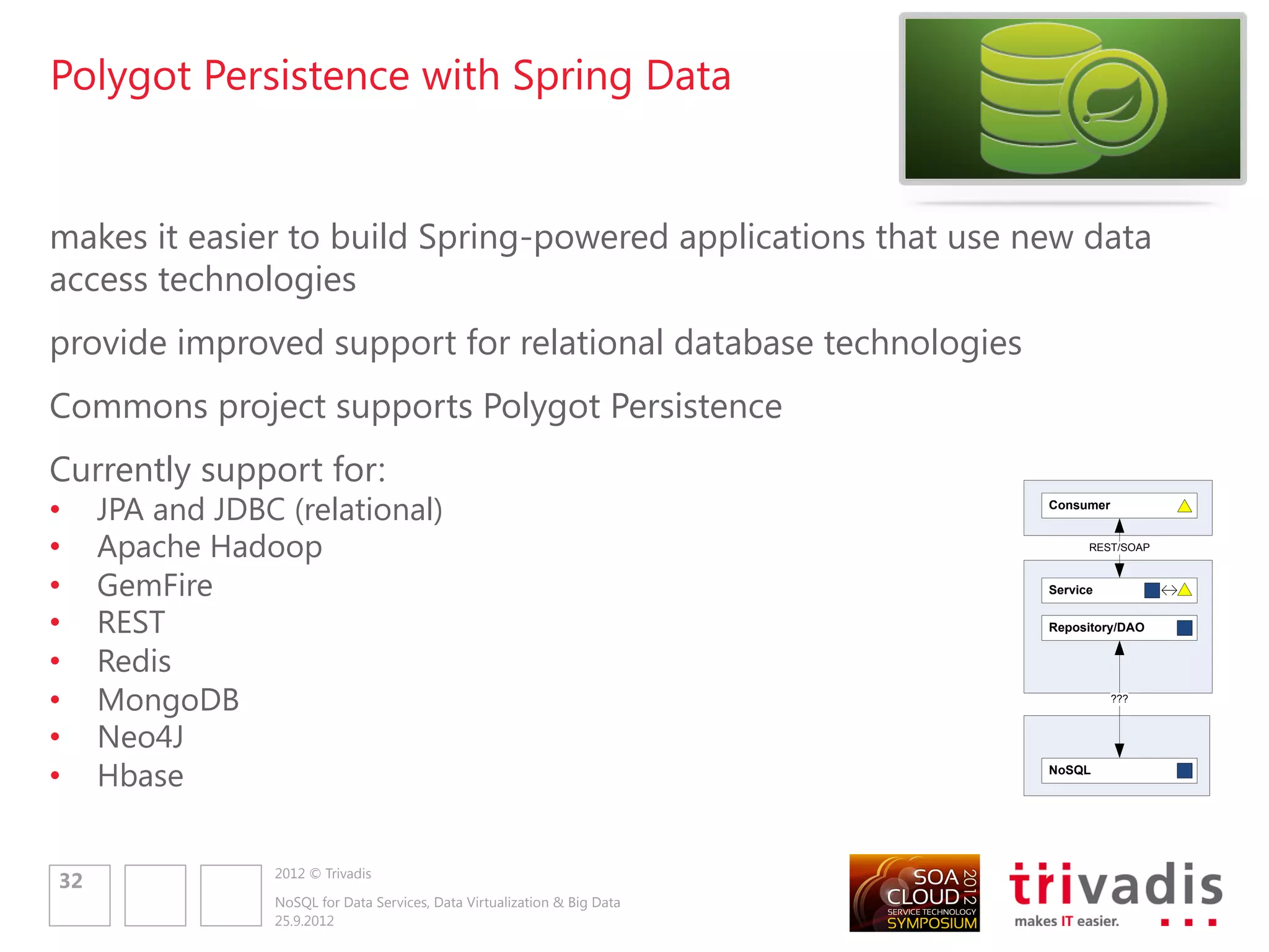 Spring Data – Mapping to Relational Database
                                                                                                                         Consumer


                                                                                                                               REST/SOAP



                                                                                                                         Service


public interface CustomerRepository extends Repository<Customer, Long> {                                                 Repository/DAO


   Customer findByEmailAddress(EmailAddress emailAddress);
}                                                                                                                                   ???




@Repository                                                                                                              NoSQL


@Profile(“jpa")
class JpaCustomerRepository implements CustomerRepository {
   @Override
   public Customer findByEmailAddress(EmailAddress emailAddress) {

     TypedQuery<Customer> query = em.createQuery(
               "select c from Customer c where c.emailAddress = :email“, Customer.class);
     query.setParameter("email", emailAddress);
                                                              Customer guido= repository.findByEmailAddress(new
     return query.getSingleResult();                          EmailAddress(“guido@hotmail.com"));
}
                                                                                Customer anotherCust= new Customer(“Peter", “Sample");
<jpa:repositories base-package="com.oreilly.springdata.jpa" />                  anotherCust.setEmailAddress(guido.getEmailAddress());

                                                            repository.save(anotherCust);
<bean class="org.springframework.orm.jpa.JpaTransactionManager">
    <property name="entityManagerFactory" ref="entityManagerFactory" />
</bean>

<bean id="entityManagerFactory" class="org.springframework.orm.jpa.LocalContainerEntityManagerFactoryBean">
   <property name="dataSource" ref="dataSource" />
   <property name="packagesToScan" value="com.oreilly.springdata.jpa" />
</bean>

                      2012 © Trivadis
34
                      NoSQL for Data Services, Data Virtualization & Big Data
                      25.9.2012
 