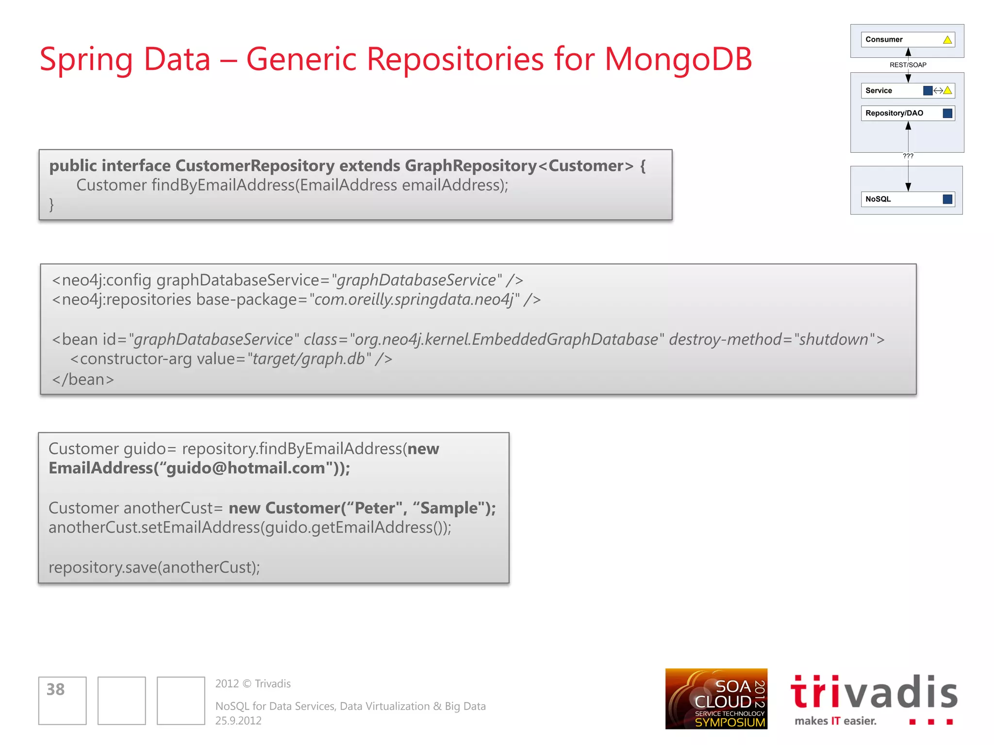 Schemaless – We still have to migrate the data!


With RDMBS we are used to keep DDL scripts together                           Customer


with DML scripts for each single data model change
                                                                              Name: Peter Sample
                                                                              First Name: Peter
                                                                              Last Name: Sample
                                                                               BillingAddress
                                                                               Billing Address

     •   Has to be in sync with the data access code                            Street: Somestreet 10   Version 1.0
                                                                                City: Somewhere
                                                                                Postal Code:55901
                                                                                PostalCode: 55901

RDBMS has to be changed before the application
is changed => possible application downtime                                   Customer
     •   This is what the schemaless approach of most NoSQL                   Name: Peter Sample
                                                                              FirstName: Peter
         DB tries to avoid                                                    LastName: Sample
                                                                                                        Transition
                                                                               Billing Address
                                                                                                        Version 1.0 => 2.0

Schemaless DBs still need careful migration, due to
                                                                                Street: Somestreet 10
                                                                                City: Somewhere

implicit schema in any data access code
                                                                                PostalCode: 55901




But a more “on-demand” approach is possible                                   Customer

     •   Code can read data in a way that it tolerant to                      First Name: Peter
                                                                              Last Name: Sample

         changes in the data‟s implicit schema and migrate                     Billing Address          Version 2.0

         the data on the next update
                                                                                Street: Somestreet 10
                                                                                City: Somewhere
                                                                                PostalCode: 55901

     •   Similar to service versioning => gradual change


                    2012 © Trivadis
40
                    NoSQL for Data Services, Data Virtualization & Big Data
                    25.9.2012
 