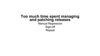 Too much time spent managing
and patching releases
Manual Regression
Sign-off
Repeat
 