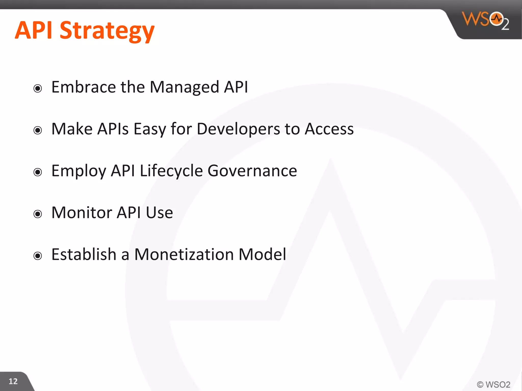 12
API Strategy
๏ Embrace the Managed API
๏ Make APIs Easy for Developers to Access
๏ Employ API Lifecycle Governance
๏ Monitor API Use
๏ Establish a Monetization Model
 