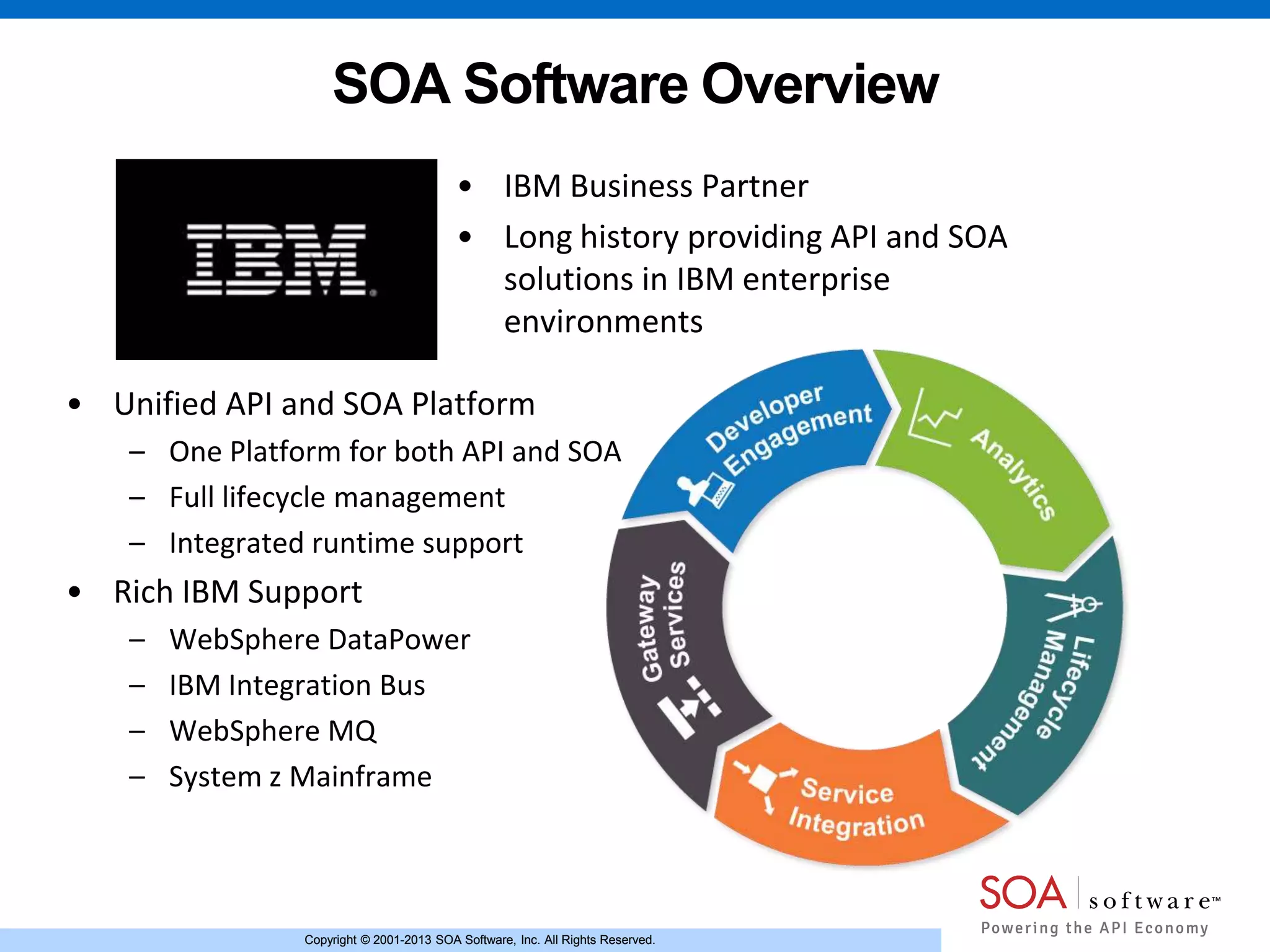 Copyright © 2001-2013 SOA Software, Inc. All Rights Reserved.Copyright © 2001-2013 SOA Software, Inc. All Rights Reserved.
SOA Software Overview
• IBM Business Partner
• Long history providing API and SOA
solutions in IBM enterprise
environments
• Unified API and SOA Platform
– One Platform for both API and SOA
– Full lifecycle management
– Integrated runtime support
• Rich IBM Support
– WebSphere DataPower
– IBM Integration Bus
– WebSphere MQ
– System z Mainframe
 