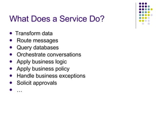 What Does a Service Do? Transform data Route messages Query databases Orchestrate conversations Apply business logic Apply business policy Handle business exceptions Solicit approvals … 