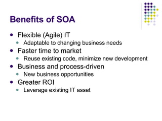 Benefits of SOA Flexible (Agile) IT Adaptable to changing business needs Faster time to market Reuse existing code, minimize new development Business and process-driven New business opportunities Greater ROI Leverage existing IT asset 