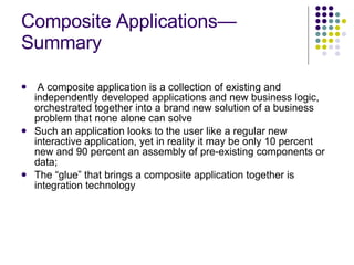 Composite Applications—Summary A composite application is a collection of existing and independently developed applications and new business logic, orchestrated together into a brand new solution of a business problem that none alone can solve Such an application looks to the user like a regular new interactive application, yet in reality it may be only 10 percent new and 90 percent an assembly of pre-existing components or data; The “glue” that brings a composite application together is integration technology 