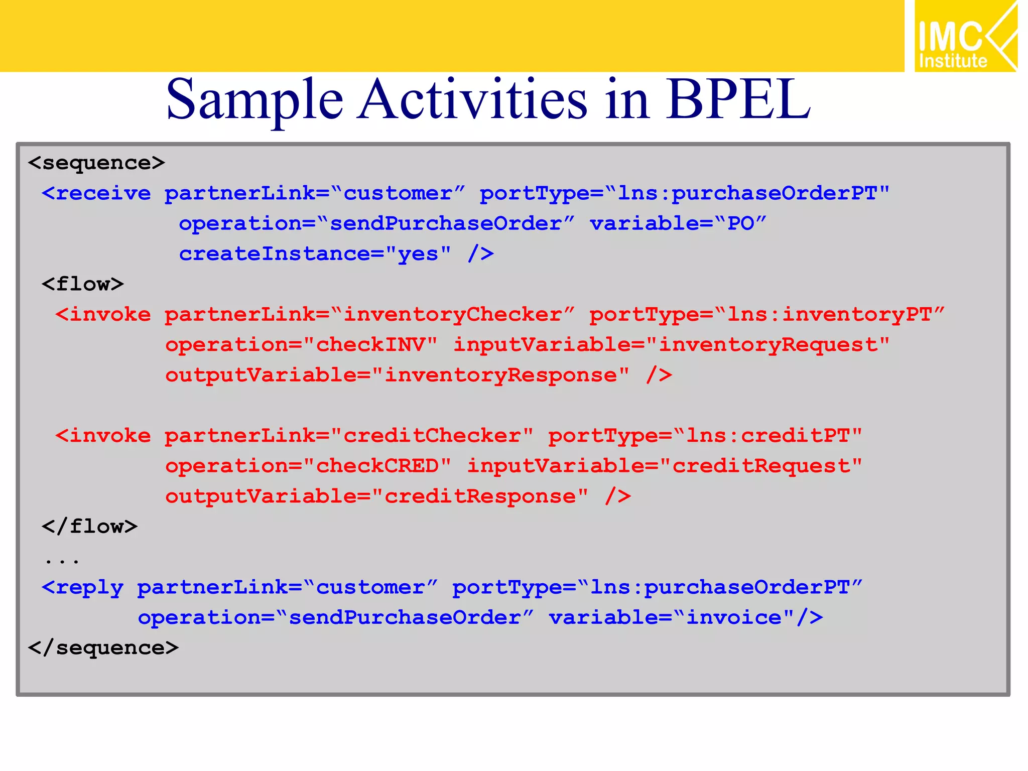 Sample Activities in BPEL
<sequence>
 <receive partnerLink=“customer” portType=“lns:purchaseOrderPT"
            operation=“sendPurchaseOrder” variable=“PO”
            createInstance="yes" />
 <flow>
  <invoke partnerLink=“inventoryChecker” portType=“lns:inventoryPT”
           operation="checkINV" inputVariable="inventoryRequest"
           outputVariable="inventoryResponse" />

  <invoke partnerLink="creditChecker" portType=“lns:creditPT"
           operation="checkCRED" inputVariable="creditRequest"
           outputVariable="creditResponse" />
 </flow>
 ...
 <reply partnerLink=“customer” portType=“lns:purchaseOrderPT”
         operation=“sendPurchaseOrder” variable=“invoice"/>
</sequence>
 