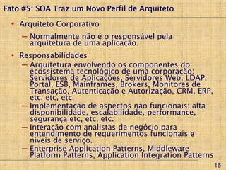 Fato #5: SOA Traz um Novo Perfil de Arquiteto

  • Arquiteto Corporativo
    ─ Normalmente não é o responsável pela
      arquitetura de uma aplicação.
  • Responsabilidades
    ─ Arquitetura envolvendo os componentes do
      ecossistema tecnológico de uma corporação:
      Servidores de Aplicações, Servidores Web, LDAP,
      Portal, ESB, Mainframes, Brokers, Monitores de
      Transação, Autenticação e Autorização, CRM, ERP,
      etc, etc, etc.
    ─ Implementação de aspectos não funcionais: alta
      disponibilidade, escalabilidade, performance,
      segurança etc, etc, etc.
    ─ Interação com analistas de negócio para
      entendimento de requerimentos funcionais e
      níveis de serviço.
    ─ Enterprise Application Patterns, Middleware
      Platform Patterns, Application Integration Patterns
                                                            16
 