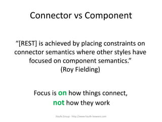 Connector vs Component
“[REST] is achieved by placing constraints on
connector semantics where other styles have
focused on component semantics.”
(Roy Fielding)
Focus is on how things connect,
not how they work
Haufe.Group - http://www.haufe-lexware.com
 