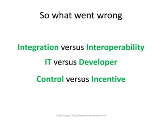 So what went wrong
Integration versus Interoperability
IT versus Developer
Control versus Incentive
Haufe.Group - http://www.haufe-lexware.com
 