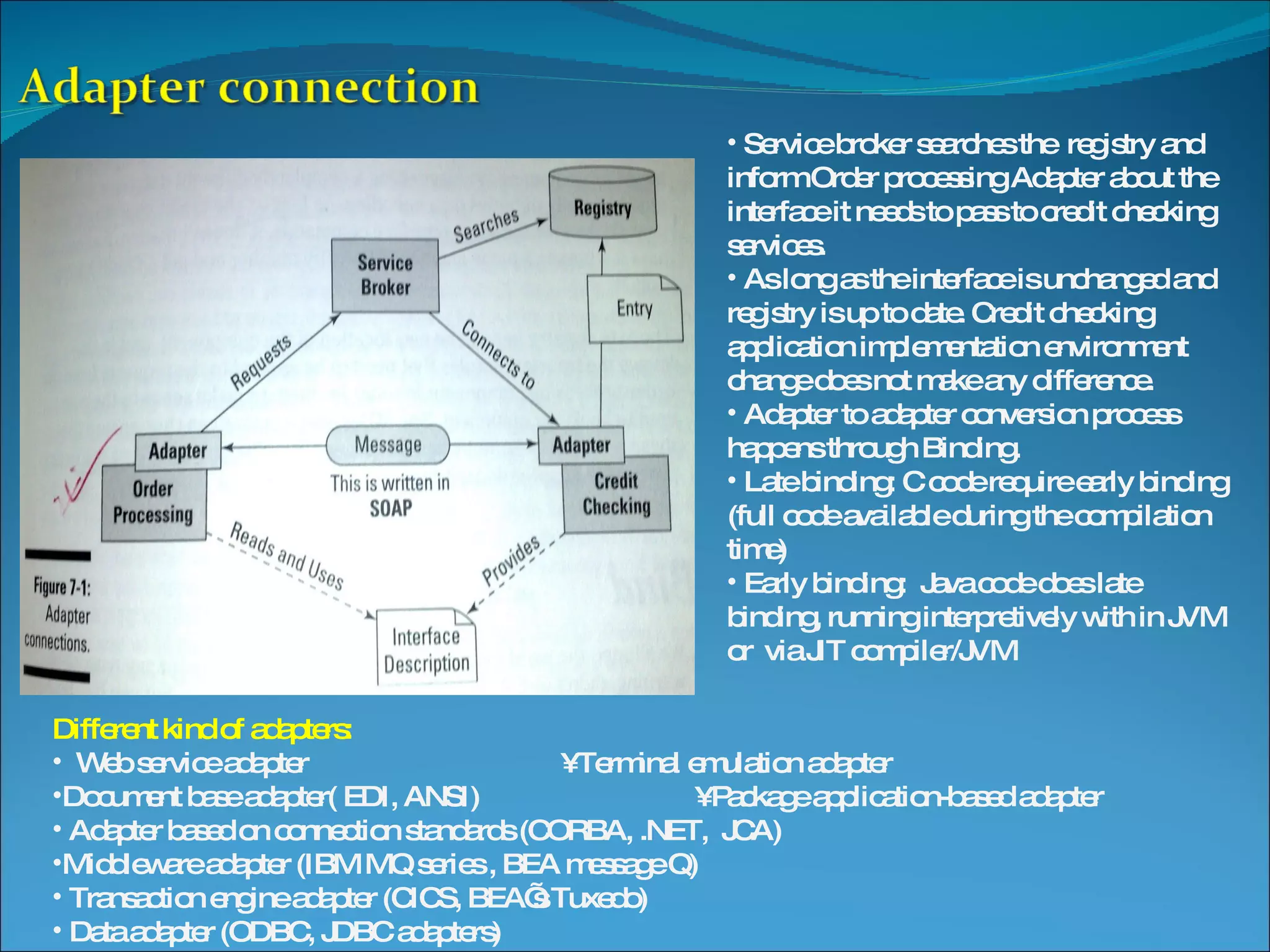 Service broker searches the registry and inform Order processing Adapter about the interface it needs to pass to credit checking services. As long as the interface is unchanged and registry is up to date. Credit checking application implementation environment change does not make any difference. Adapter to adapter conversion process happens through Binding. Late binding: C code require early binding (full code available during the compilation time) Early binding: Java code does late binding, running interpretively with in JVM or via JIT compiler/JVM Different kind of adapters: Web service adapter • Terminal emulation adapter Document base adapter( EDI, ANSI) • Package application-based adapter Adapter based on connection standards (CORBA, .NET, JCA) Middleware adapter (IBM MQ series , BEA message Q) Transaction engine adapter (CICS, BEA’s Tuxedo) Data adapter (ODBC, JDBC adapters) 
