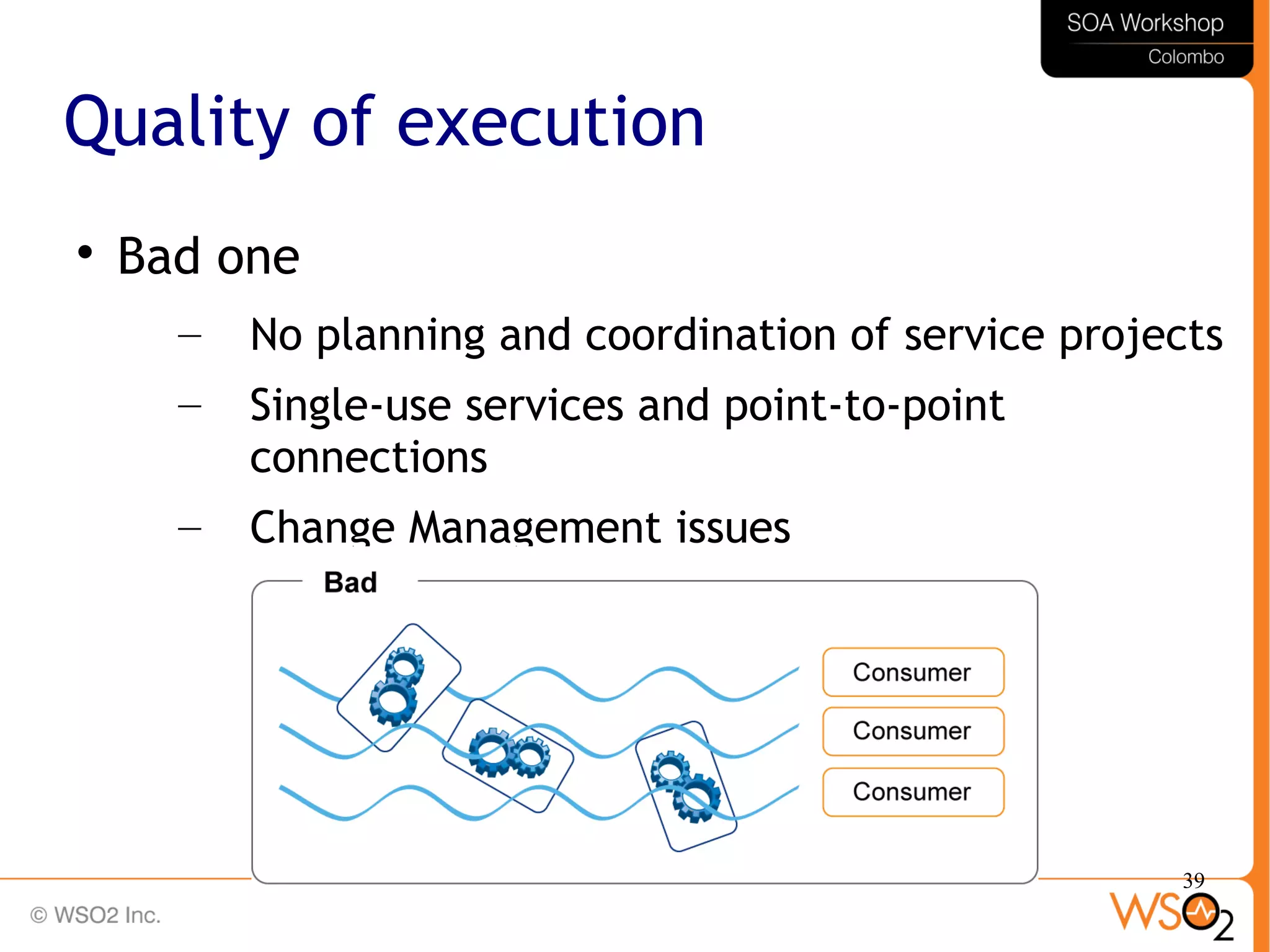 39
Quality of execution

Bad one
– No planning and coordination of service projects
– Single-use services and point-to-point
connections
– Change Management issues
 