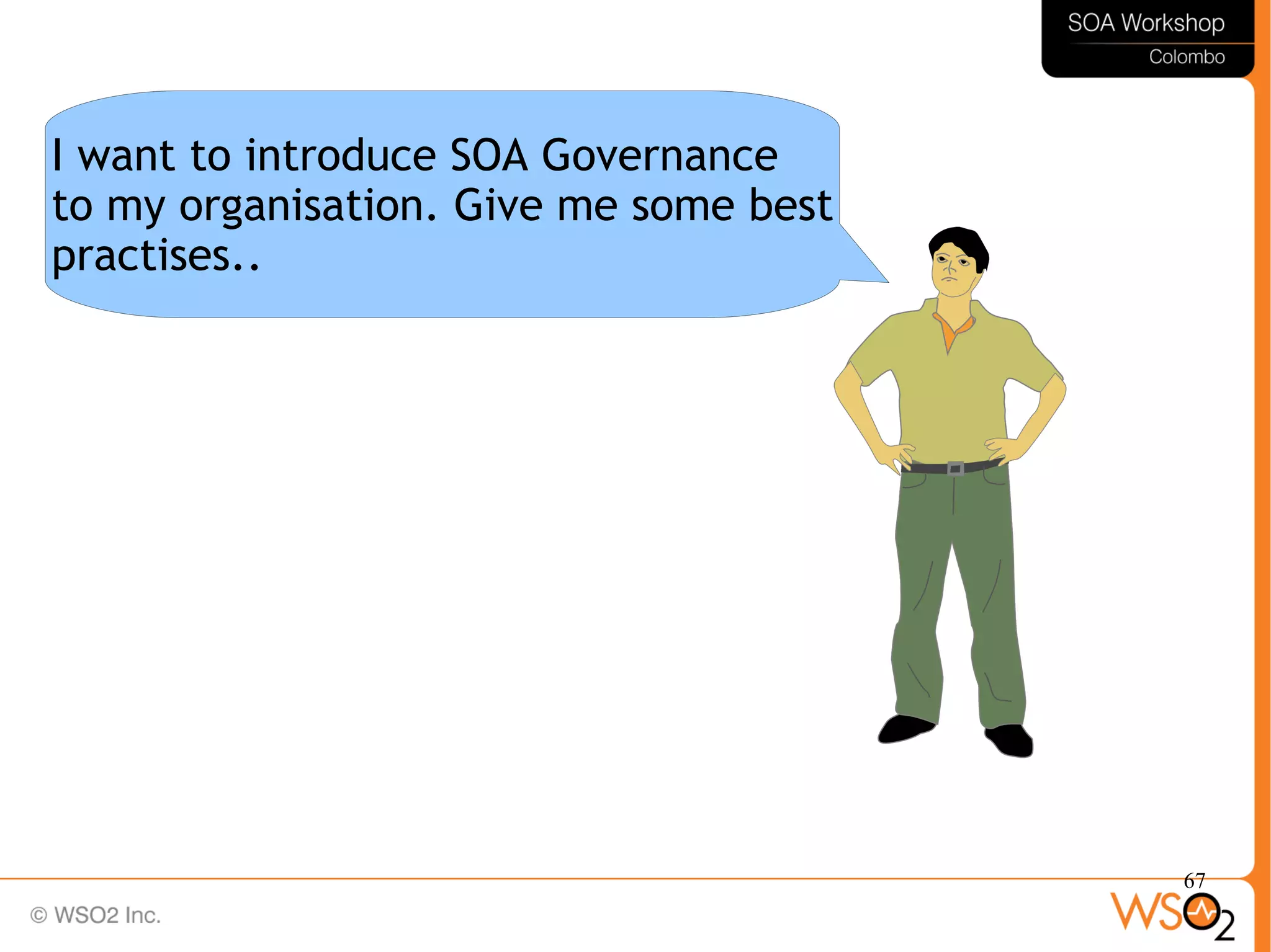 67
I want to introduce SOA Governance
to my organisation. Give me some best
practises..
 