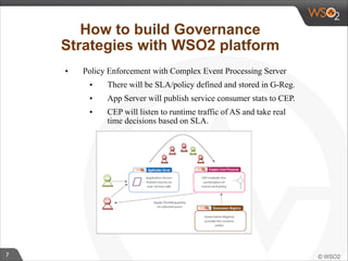 7 
How to build Governance 
Strategies with WSO2 platform 
• Policy Enforcement with Complex Event Processing Server 
• There will be SLA/policy defined and stored in G-Reg. 
• App Server will publish service consumer stats to CEP. 
• CEP will listen to runtime traffic of AS and take real 
time decisions based on SLA. 
 