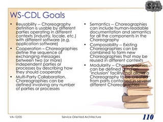 WS-CDL Goals Reusability -- Choreography definition is usable by different parties operating in different contexts (industry, locale, etc.) with different software (e.g. application software) Cooperation – Choreographies define the sequence of exchanging messages between two (or more) independent parties or processes by describing how they should cooperate Multi-Party Collaboration. Choreographies can be defined involving any number of parties or processes Semantics -- Choreographies can include human-readable documentation and semantics for all the components in the Choreography Composability -- Existing Choreographies can be combined to form new Choreographies that may be reused in different contexts Modularity -- Choreographies can be defined using an "inclusion" facility that allows a Choreography to be created from parts contained in several different Choreographies VA-12/05 Service Oriented Architecture 