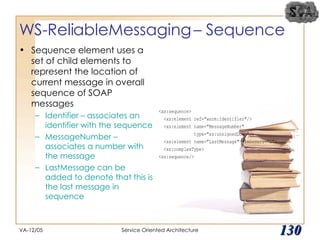 WS-ReliableMessaging – Sequence Sequence element uses a set of child elements to represent the location of current message in overall sequence of SOAP messages Identifier – associates an identifier with the sequence MessageNumber – associates a number with the message LastMessage can be added to denote that this is the last message in sequence VA-12/05 Service Oriented Architecture 