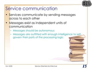 Service communication Services communicate by sending messages across to each other Messages exist as independent units of communication Messages should be autonomous Messages are outfitted with enough intelligence to self-govern their parts of the processing logic VA-12/05 Service Oriented Architecture 