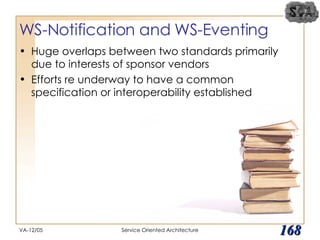 WS-Notification and WS-Eventing Huge overlaps between two standards primarily due to interests of sponsor vendors Efforts re underway to have a common specification or interoperability established VA-12/05 Service Oriented Architecture 