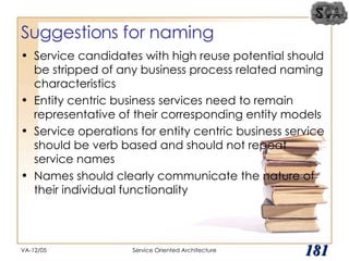 Suggestions for naming Service candidates with high reuse potential should be stripped of any business process related naming characteristics Entity centric business services need to remain representative of their corresponding entity models Service operations for entity centric business service should be verb based and should not repeat service names Names should clearly communicate the nature of their individual functionality VA-12/05 Service Oriented Architecture 