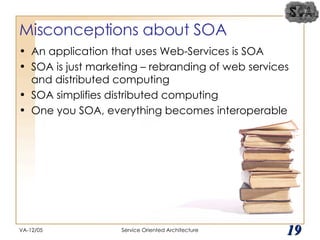 Misconceptions about SOA An application that uses Web-Services is SOA SOA is just marketing – rebranding of web services and distributed computing SOA simplifies distributed computing One you SOA, everything becomes interoperable VA-12/05 Service Oriented Architecture 