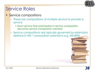 Service Roles Service compositions These are compositions of multiple service to provide a service Each service that participates in service composition becomes service composition member Service compositions are typically governed by extensions defined in WS-* composition extensions e.g. WS-BPEL VA-12/05 Service Oriented Architecture 