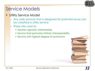 Service Models Utility Service Model Any web services that is designed for potential reuse can be classified a utility service These are used as Solution agnostic intermediary Service that promotes intrinsic interoperability Service with highest degree of autonomy VA-12/05 Service Oriented Architecture 