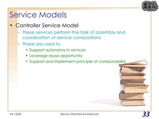 Service Models Controller Service Model These services perform the task of assembly and coordination of service compositions These are used to Support autonomy in services Leverage reuse opportunity Support and implement principle of composability VA-12/05 Service Oriented Architecture 
